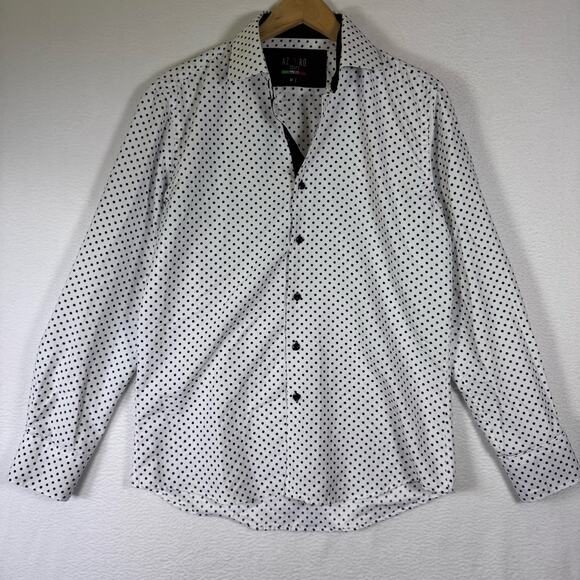 AZARO UOMO Italian Collection Button Up Shirt Mens Black Polkadot Preppy Medium - Picture 1 of 7